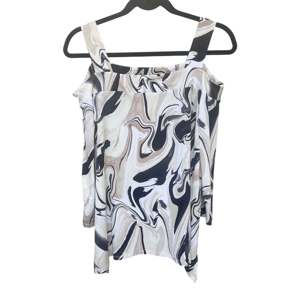 JM Collection Womens Small Cold Shoulder Marble Swirl Print 3/4 Sleeve Top Tan - Picture 2 of 5